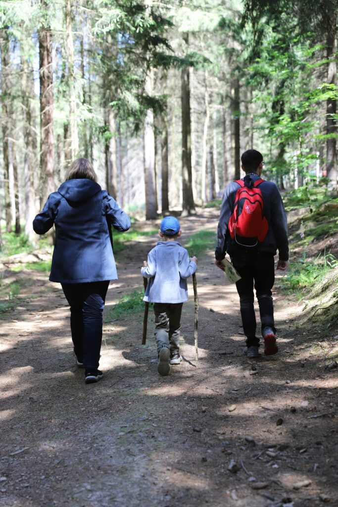 Familie wandert entlang eines schattigen Waldweges