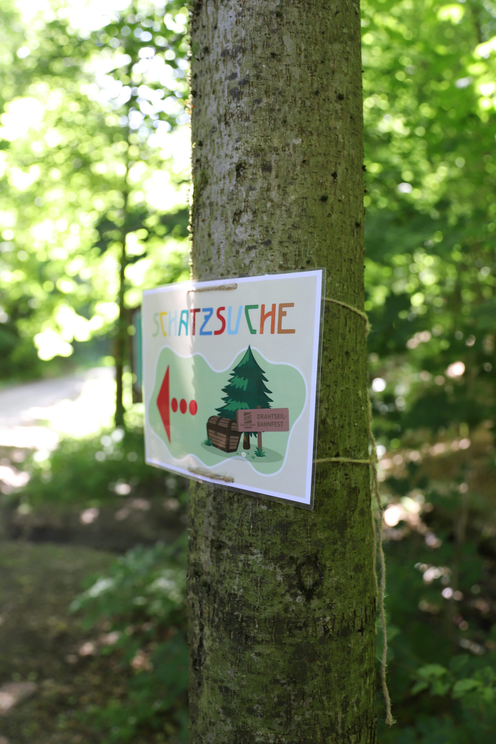 Schild "Schatzsuche" an einem Baum