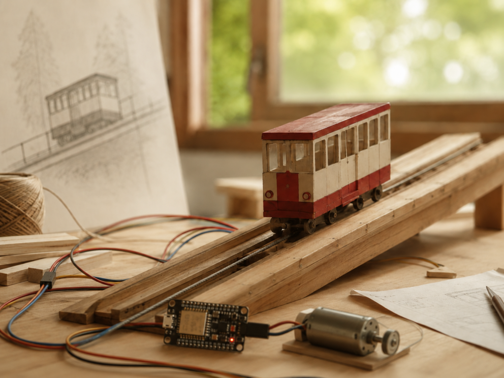 selbstgebautes Modell der Drahtseilbahn Augustusburg neben Kabeln und Skizze